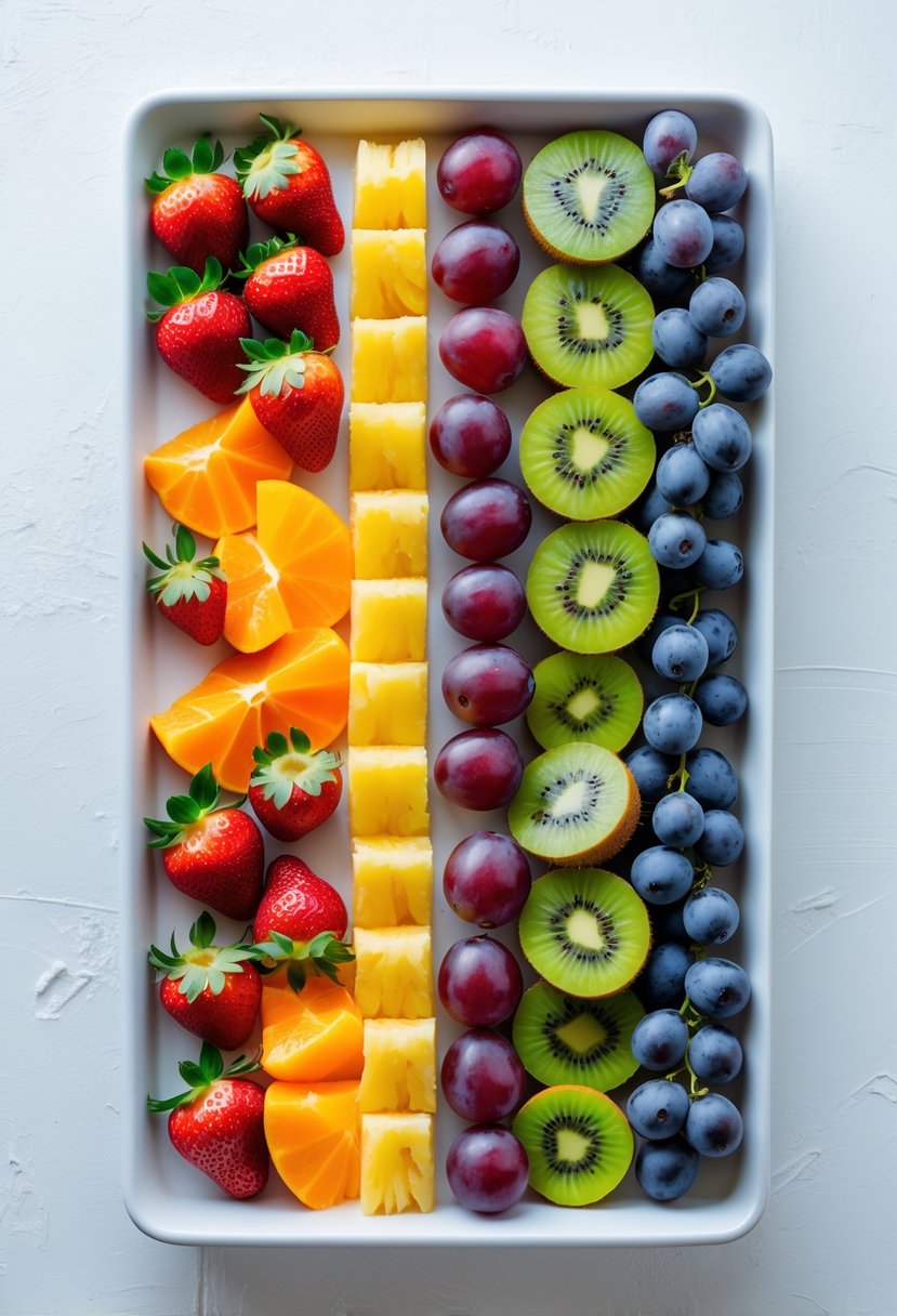 A rectangular tray with vertical stripes of colorful fruits including strawberries, orange slices, grapes, kiwi, and pineapple on a white background.