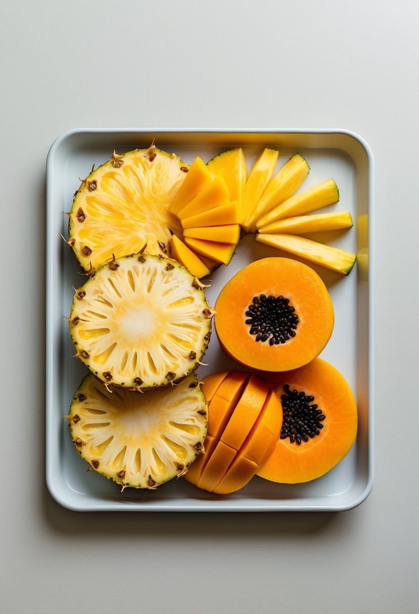 A tray with neatly arranged slices of pineapple, mango, and papaya on a light background.