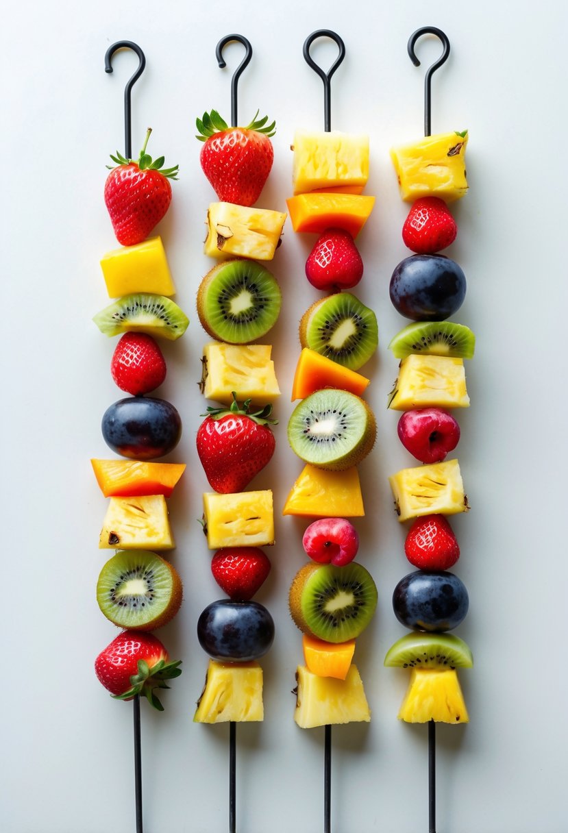 Colorful fruit kabob skewers with alternating chunks of fresh fruit arranged on a white surface.