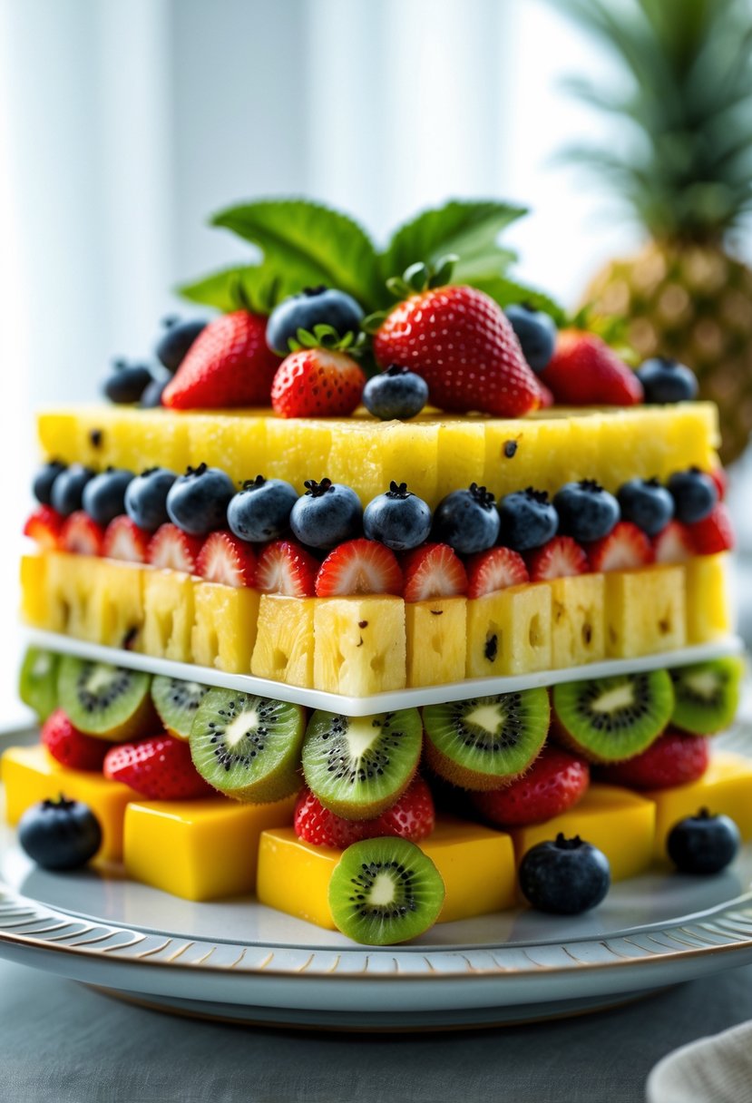 A decorative platter with a colorful layered fruit salad made of kiwi, strawberries, blueberries, pineapple, and mango.