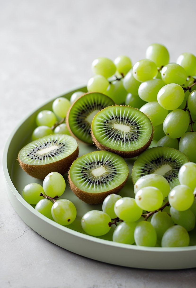 A tray with sliced kiwi and green grapes on a neutral background.