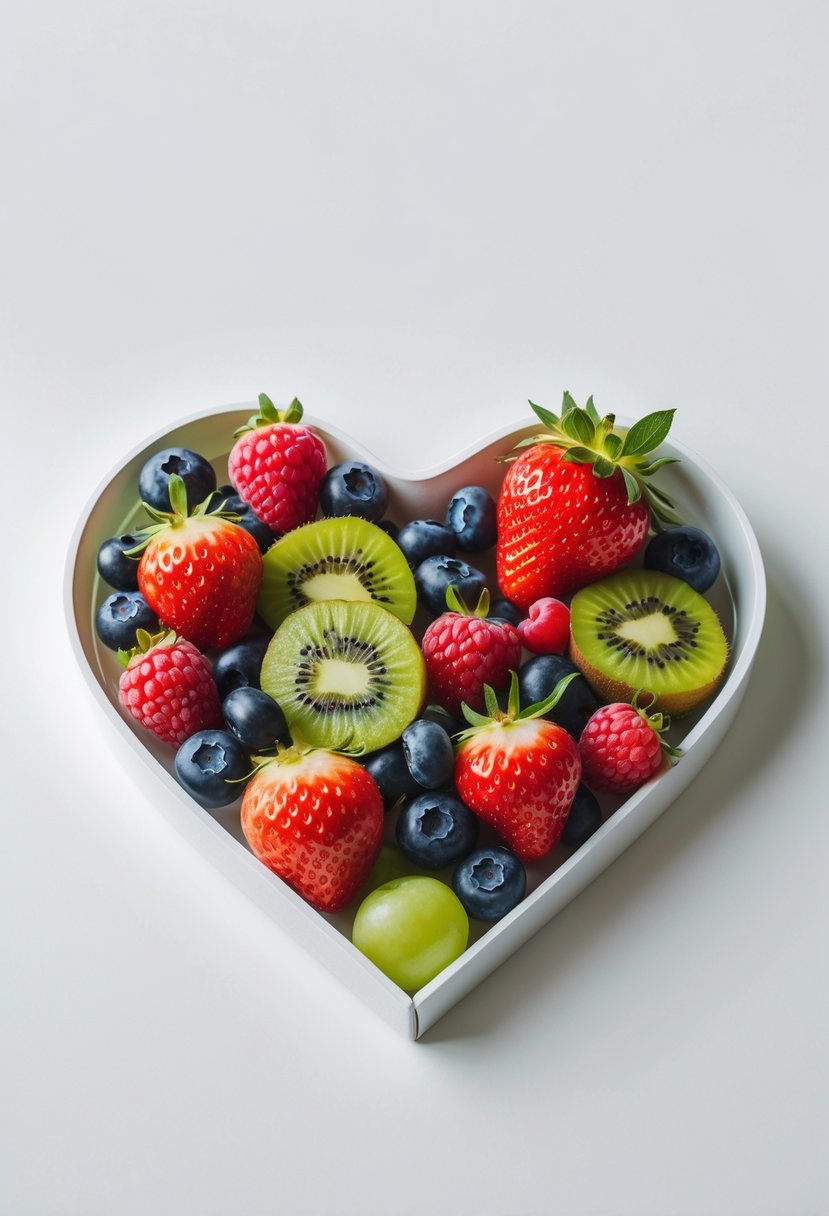Heart-shaped tray filled with an assortment of fresh fruits including strawberries, kiwi, blueberries, raspberries, and grapes on a white background.