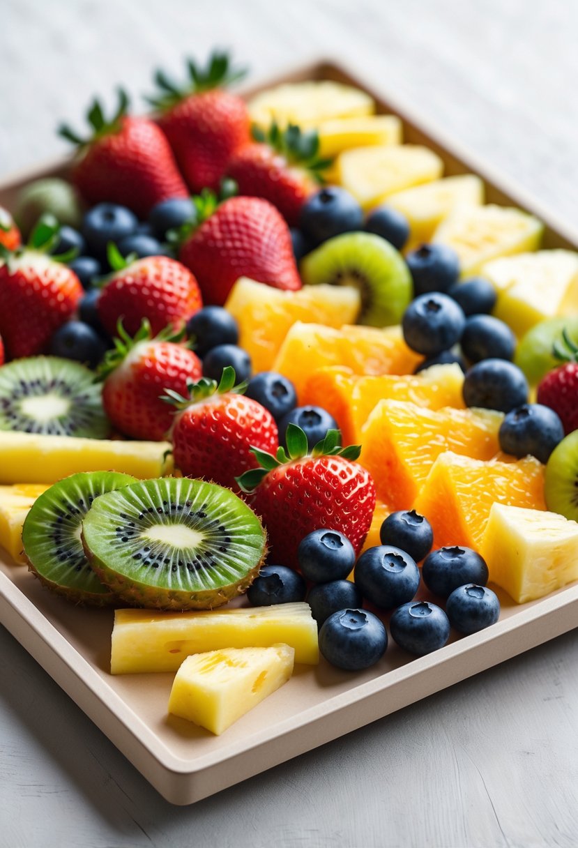 A neatly arranged fruit tray with sliced kiwi, strawberries, blueberries, grapes, orange segments, and pineapple on a wooden platter.