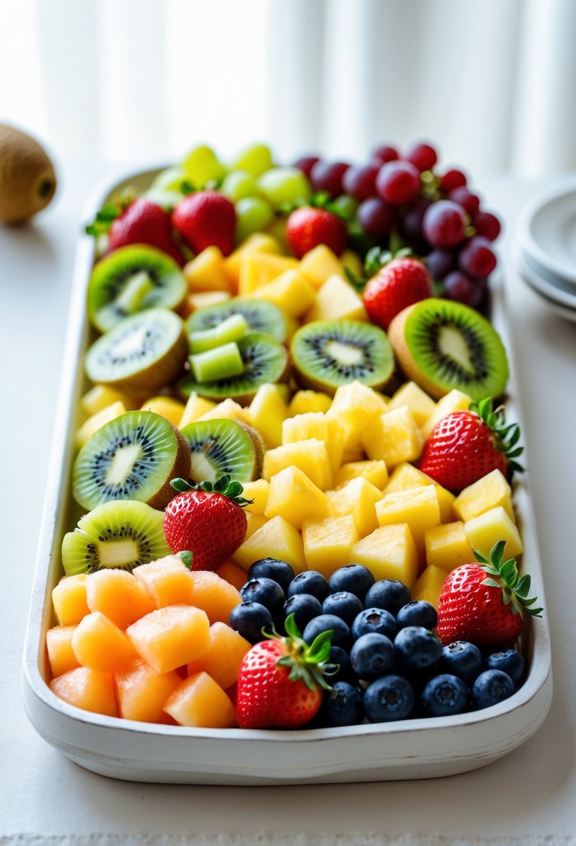 A neatly arranged fruit tray with a variety of fresh sliced and whole fruits on a white surface.