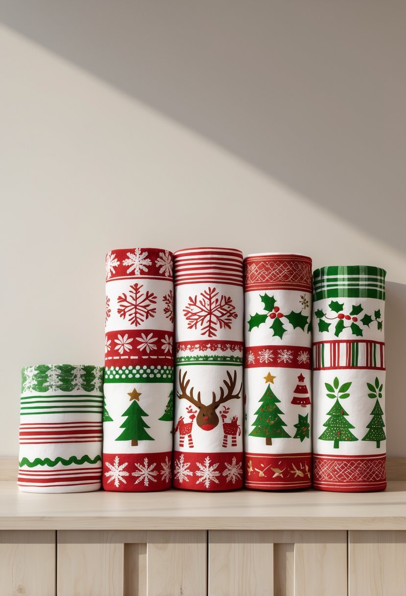 Seventeen Christmas-themed kitchen towels arranged neatly on a light wooden surface with festive patterns like snowflakes and Christmas trees.