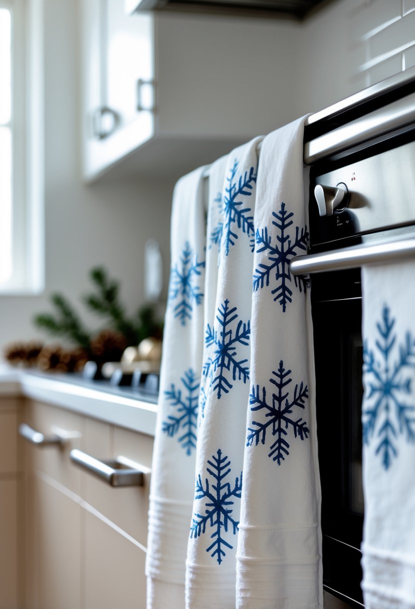 A kitchen scene with snowflake-patterned dish towels hanging on an oven handle and subtle holiday decorations on the countertop.