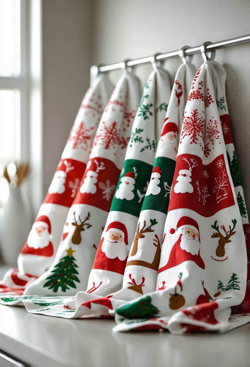 A set of Christmas kitchen towels with Santa Claus and reindeer designs displayed on a kitchen countertop and towel rack.