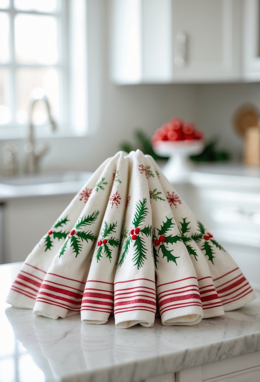 A folded Christmas-themed towel centerpiece displayed on a white kitchen countertop with holiday patterns and soft natural lighting.