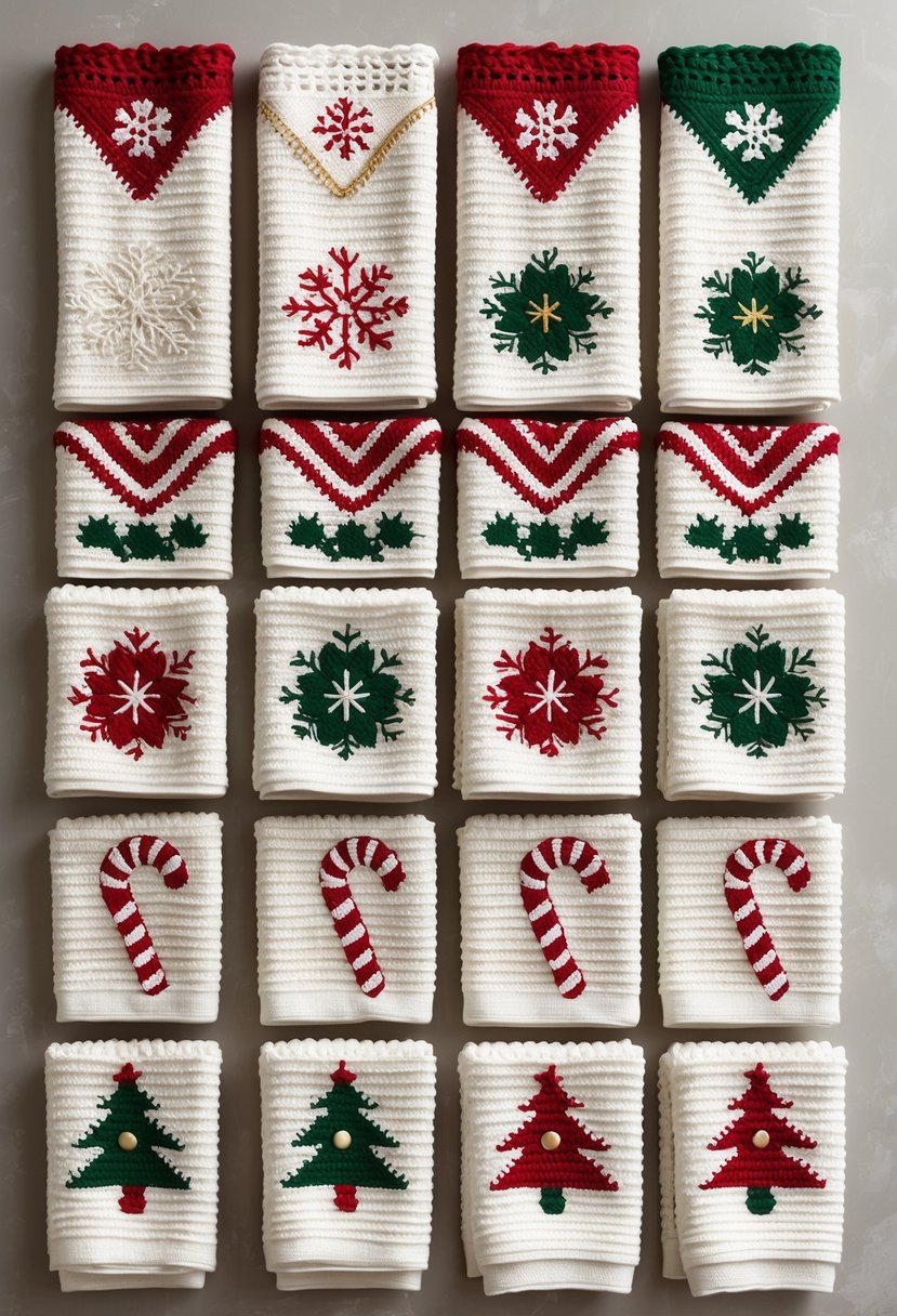 A neatly arranged set of 17 crochet kitchen towels with various Christmas patterns displayed on a neutral surface.