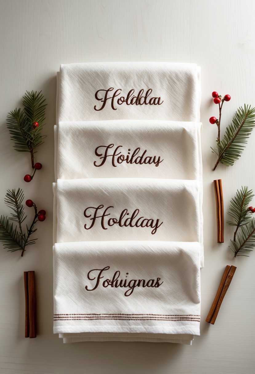 A set of personalized holiday kitchen towels with stitched names and messages arranged on a wooden surface with pine sprigs and cinnamon sticks.