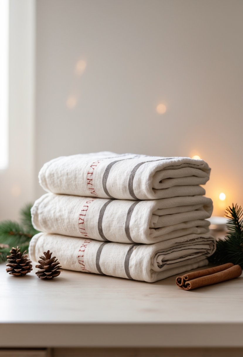 A stack of rustic Christmas-themed kitchen towels on a wooden countertop with pine sprig, cinnamon stick, and pinecones nearby.