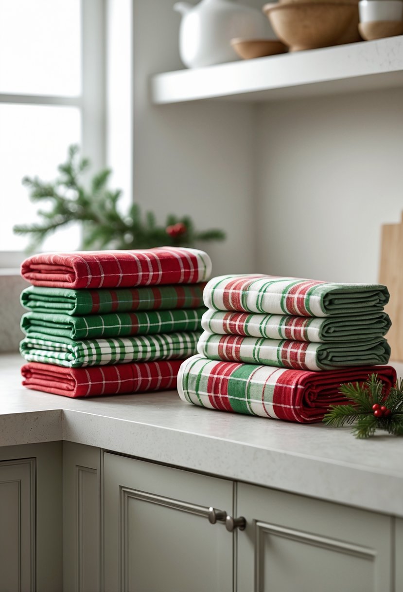 A set of red and green plaid Christmas kitchen towels neatly arranged on a clean kitchen countertop with subtle holiday greenery nearby.