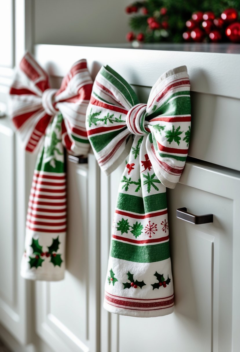 Kitchen cabinet with white handles decorated with Christmas-themed kitchen towels folded into bows.