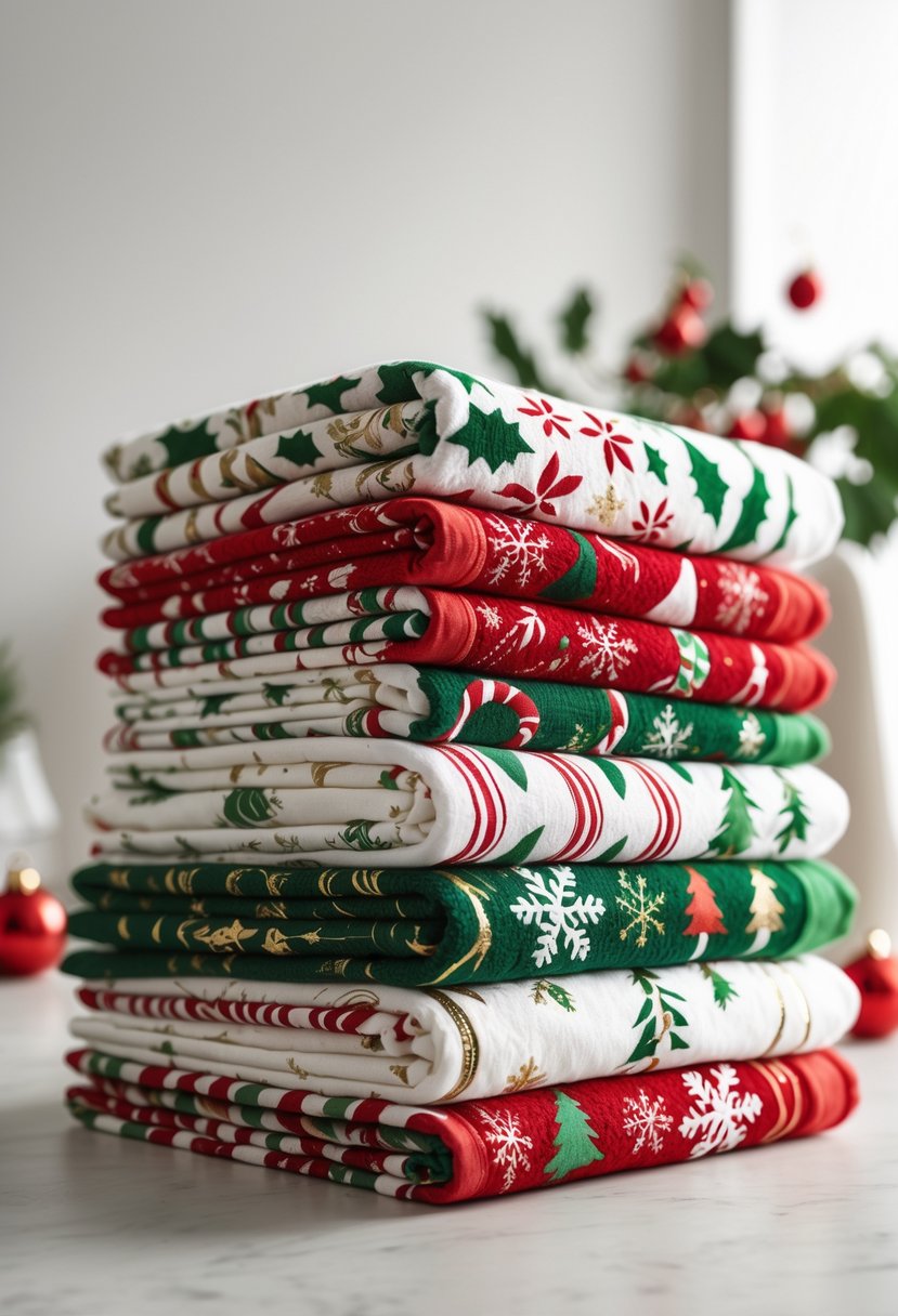 A stack of colorful Christmas-themed kitchen towels featuring holiday patterns like holly, snowflakes, and candy canes.