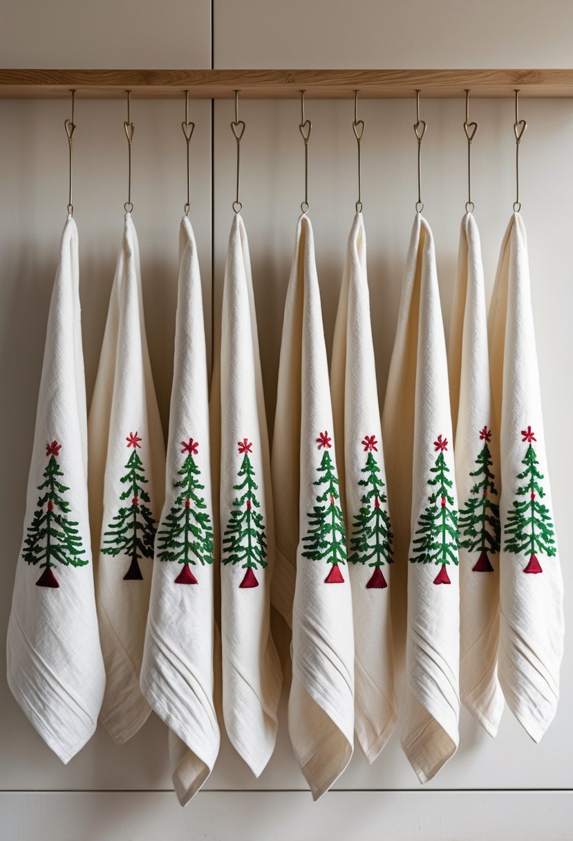 Seventeen Christmas kitchen towels with embroidered Christmas trees hanging neatly on a wooden rack in a kitchen.