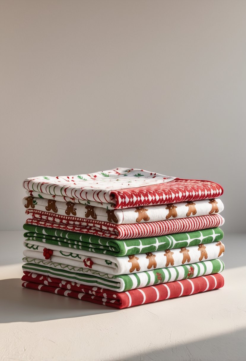 A stack of Christmas kitchen towels with gingerbread man and candy cane patterns on a plain background.