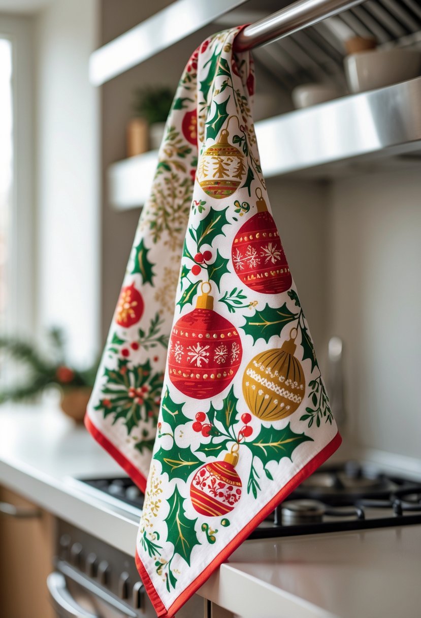 A brightly colored Christmas kitchen towel with ornament prints hanging in a clean, modern kitchen.
