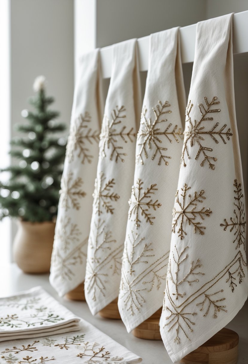 A neatly arranged set of 17 Christmas kitchen towels with metallic snowflake embroidery displayed in a clean kitchen setting.