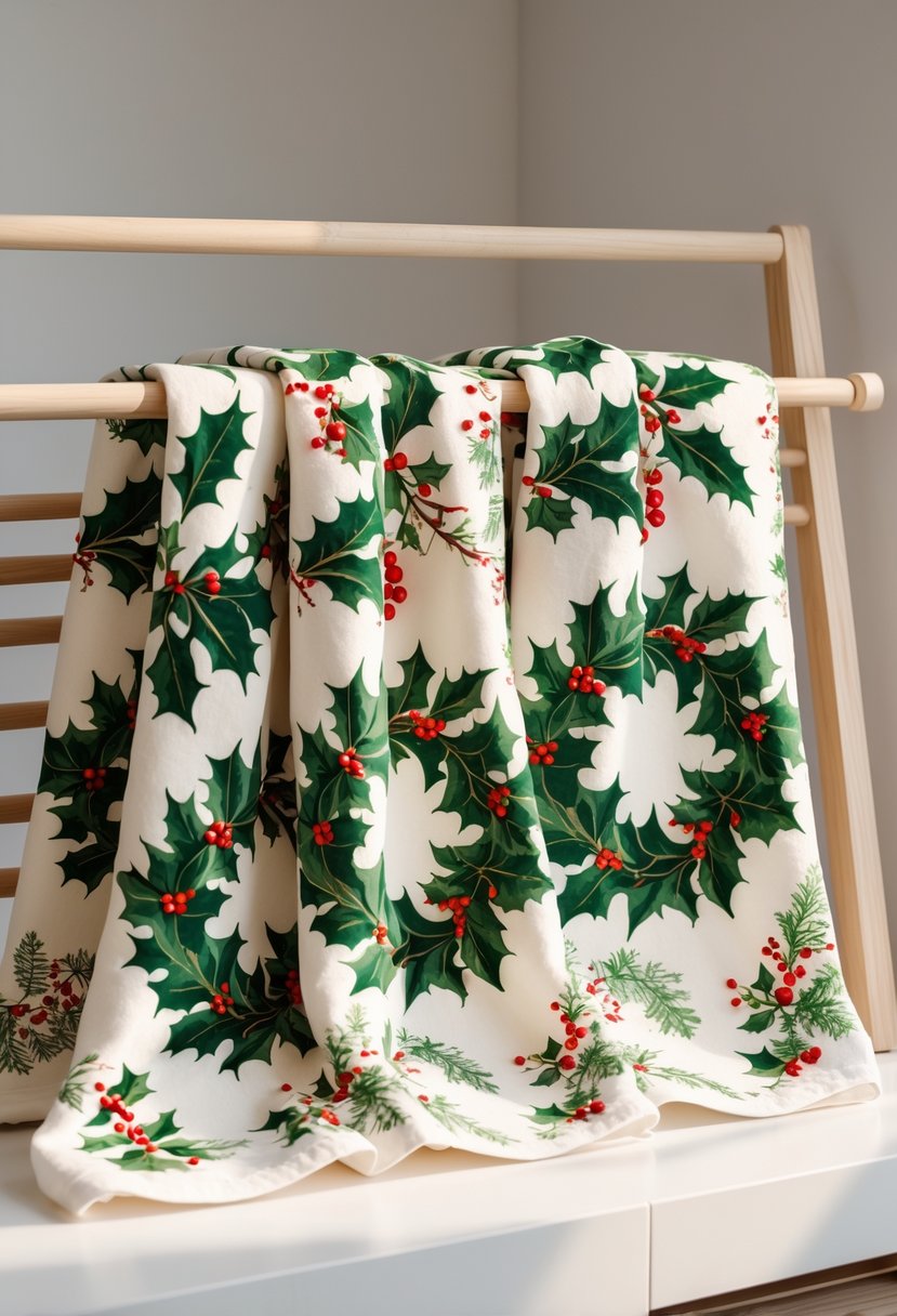 A display of Christmas kitchen towels featuring wreath and holly designs arranged on a wooden rack in a clean kitchen setting.