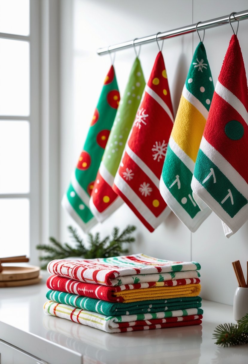 A kitchen scene showing a set of Christmas-themed towels with colorful Christmas lights patterns arranged on a rack and countertop.