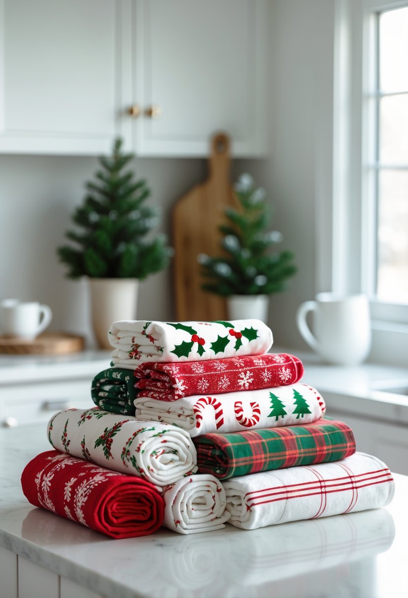 A stack of 17 Christmas-themed kitchen towels with festive patterns arranged on a white kitchen countertop with a cutting board and a small plant in the background.
