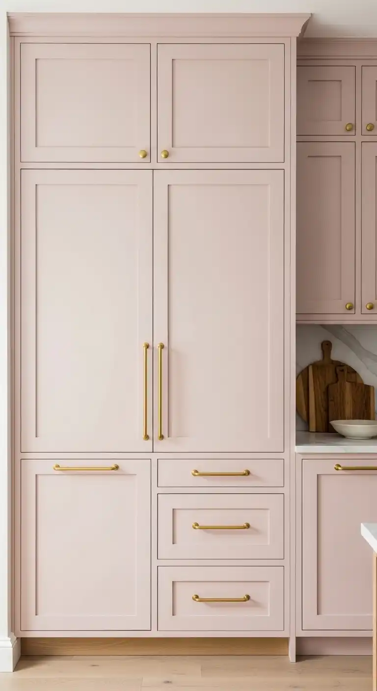 1) Soft blush pink cabinets with brushed gold handles