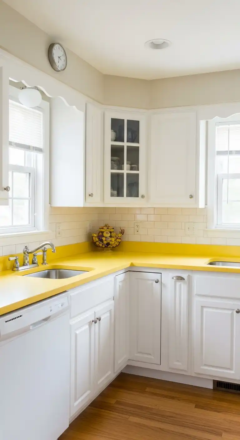 1, Sunny Yellow Countertops with Crisp White Cabinets