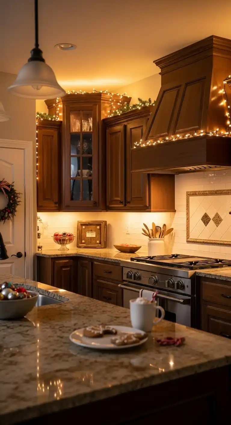 1. Fairy Lights Around Kitchen Cabinets