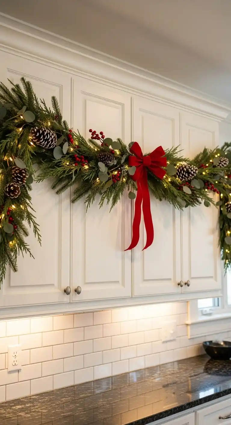 1. Garland Draped Over Kitchen Cabinets
