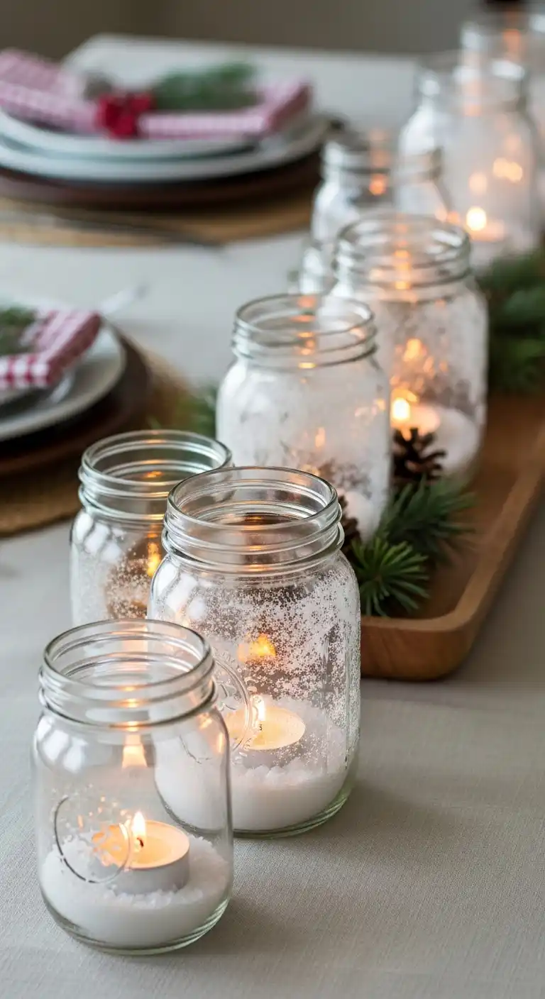 1. Mason Jar Snowy Candle Centerpiece