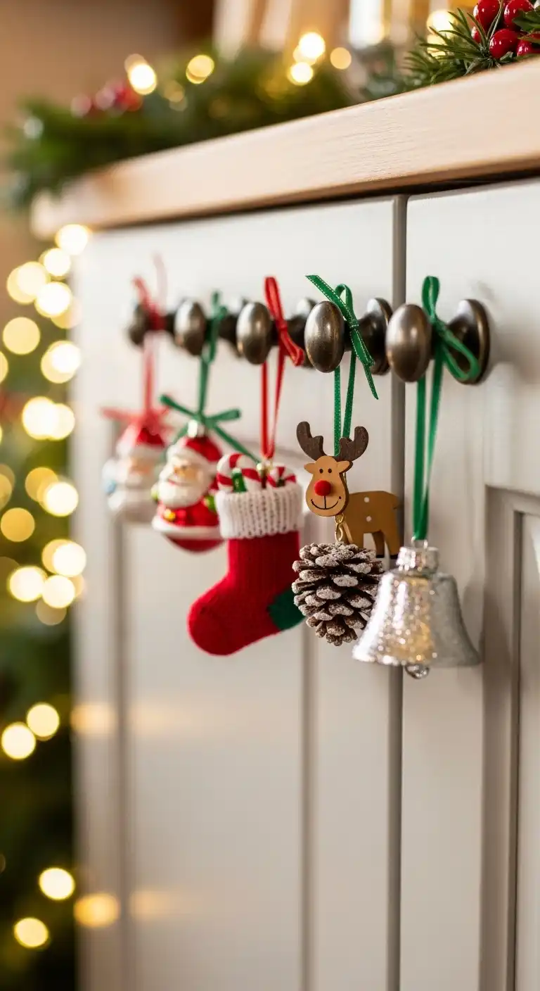 1. Mini Ornaments Hung on Cabinet Knobs