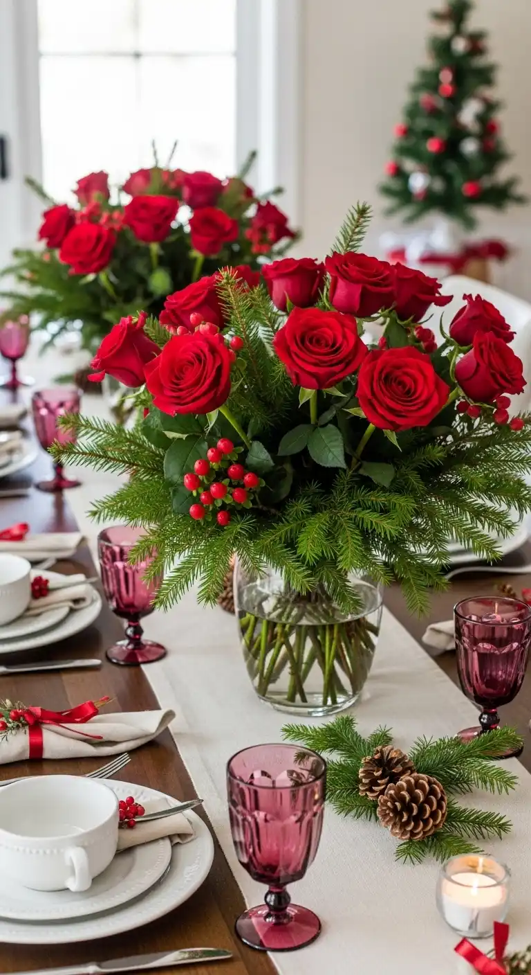 1. Red Roses with Evergreen Branches