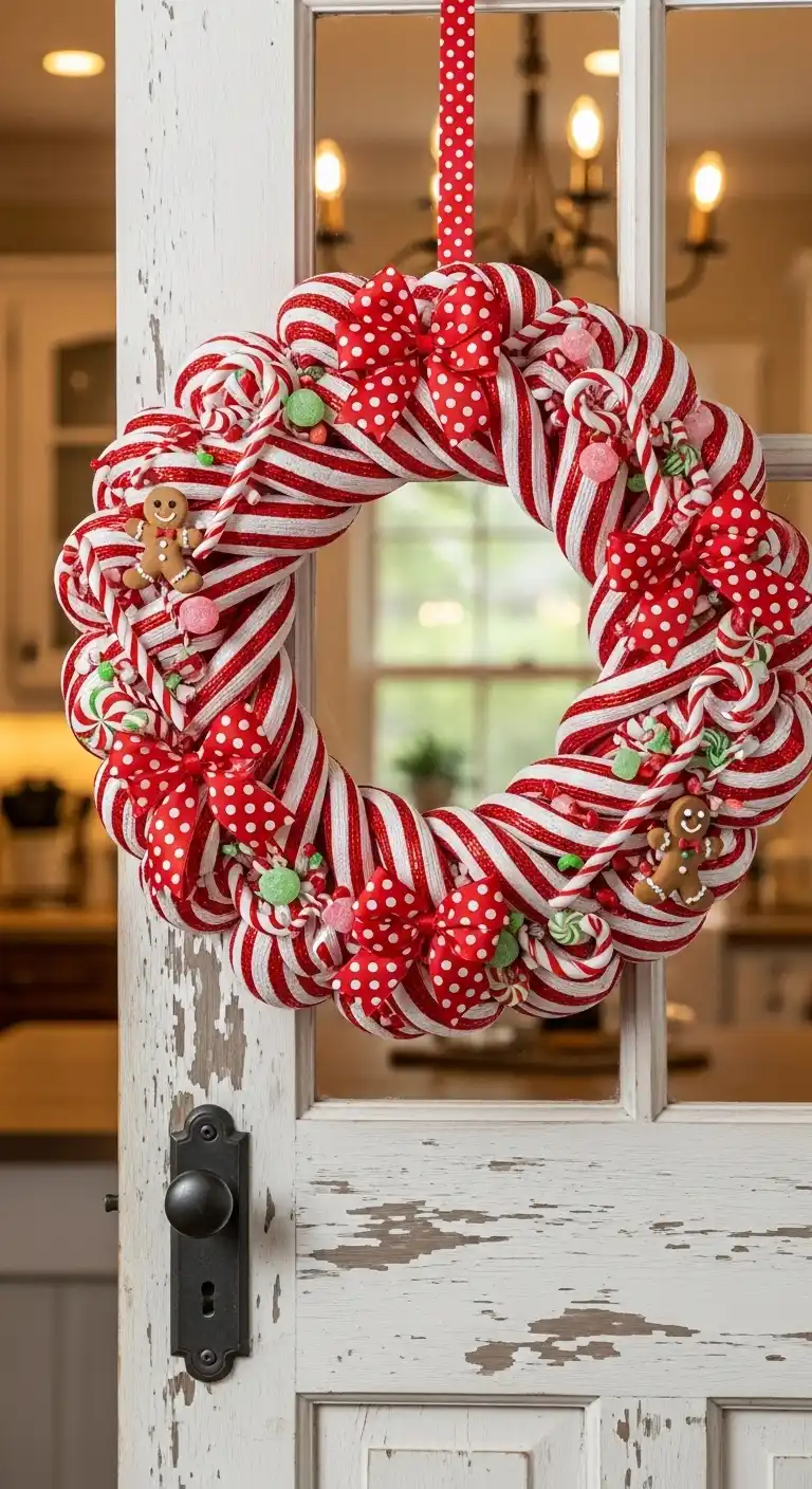 10. Candy Cane Striped Wreath for Playful Cheer
