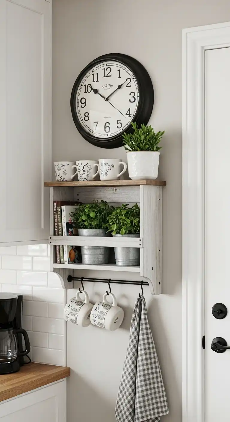 10. Farmhouse Kitchen Clock with Built-In Storage Shelf