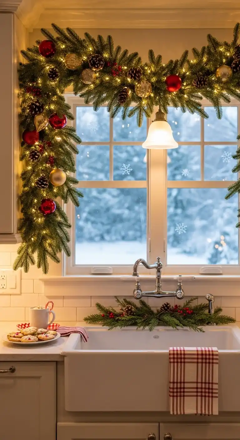 10. Garland with Ornaments Above the Sink Window