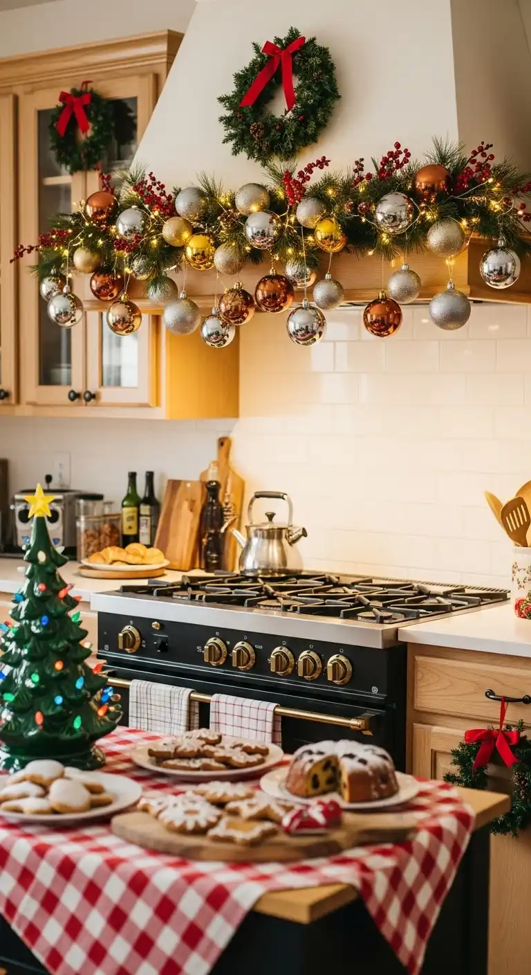 10. Metallic Ornament Garland Across the Range Hood