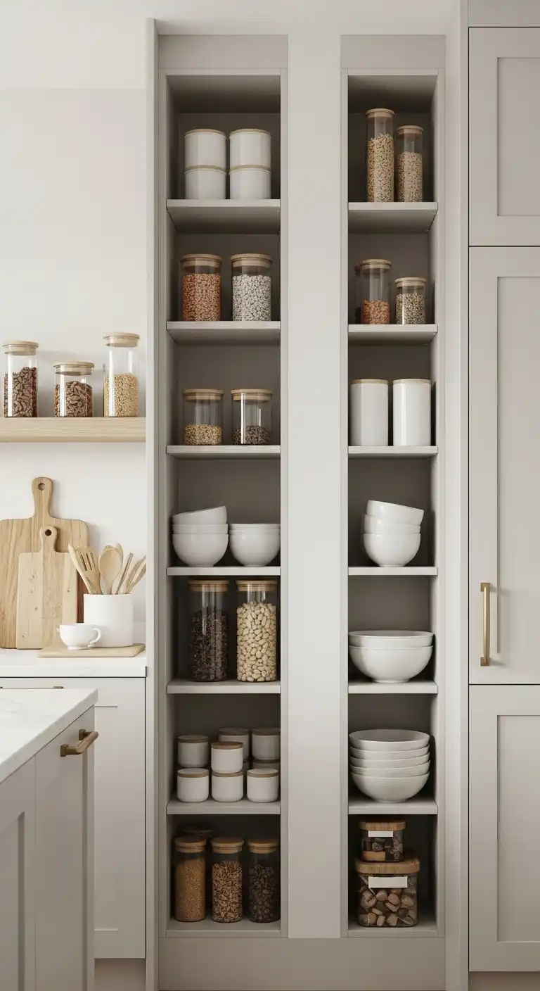 10. Vertical Shelf Styling for Narrow Kitchens