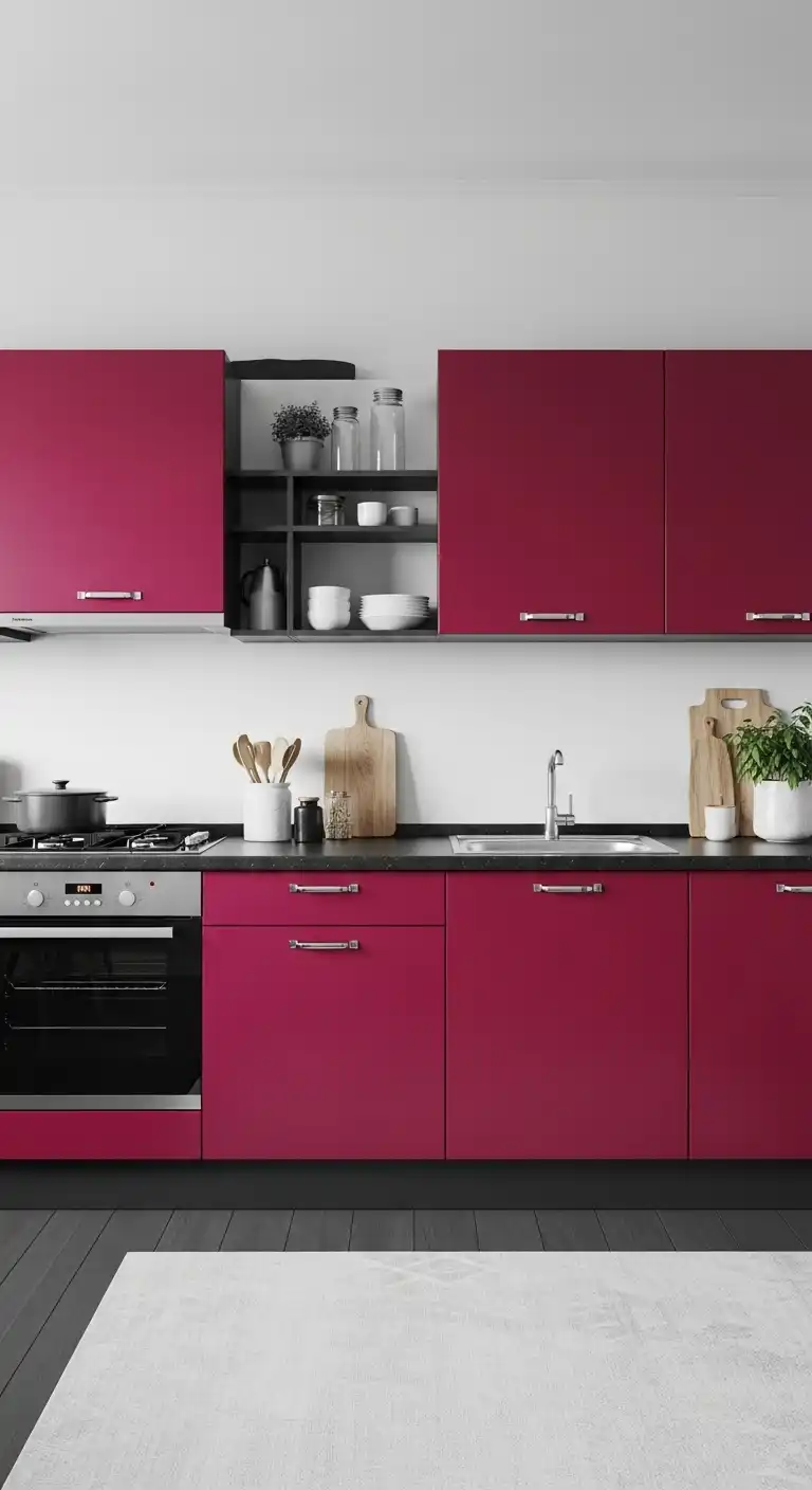 11) Bold magenta cabinets as a focal point
