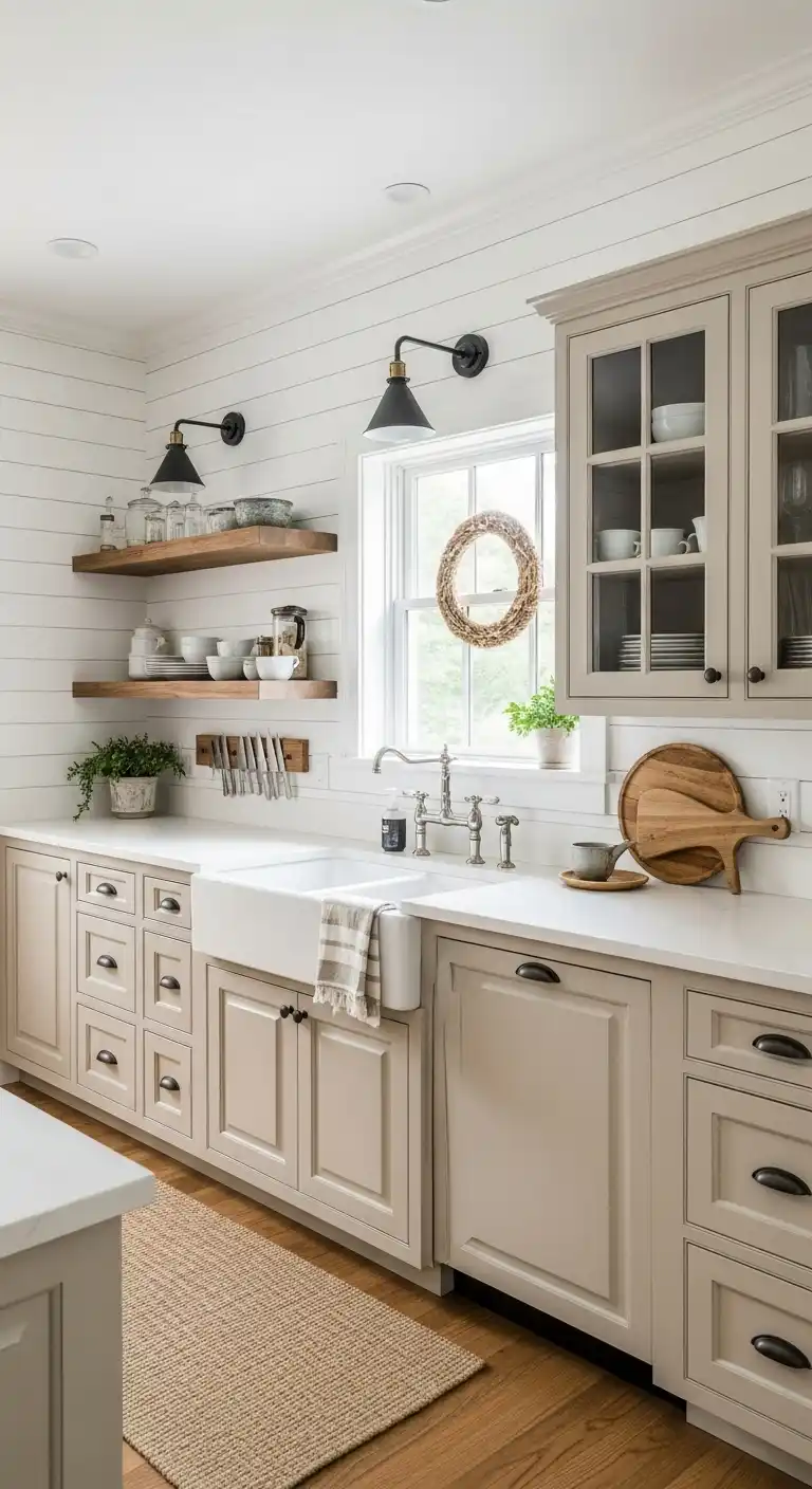 11. Beige Cabinets with White Shiplap Walls