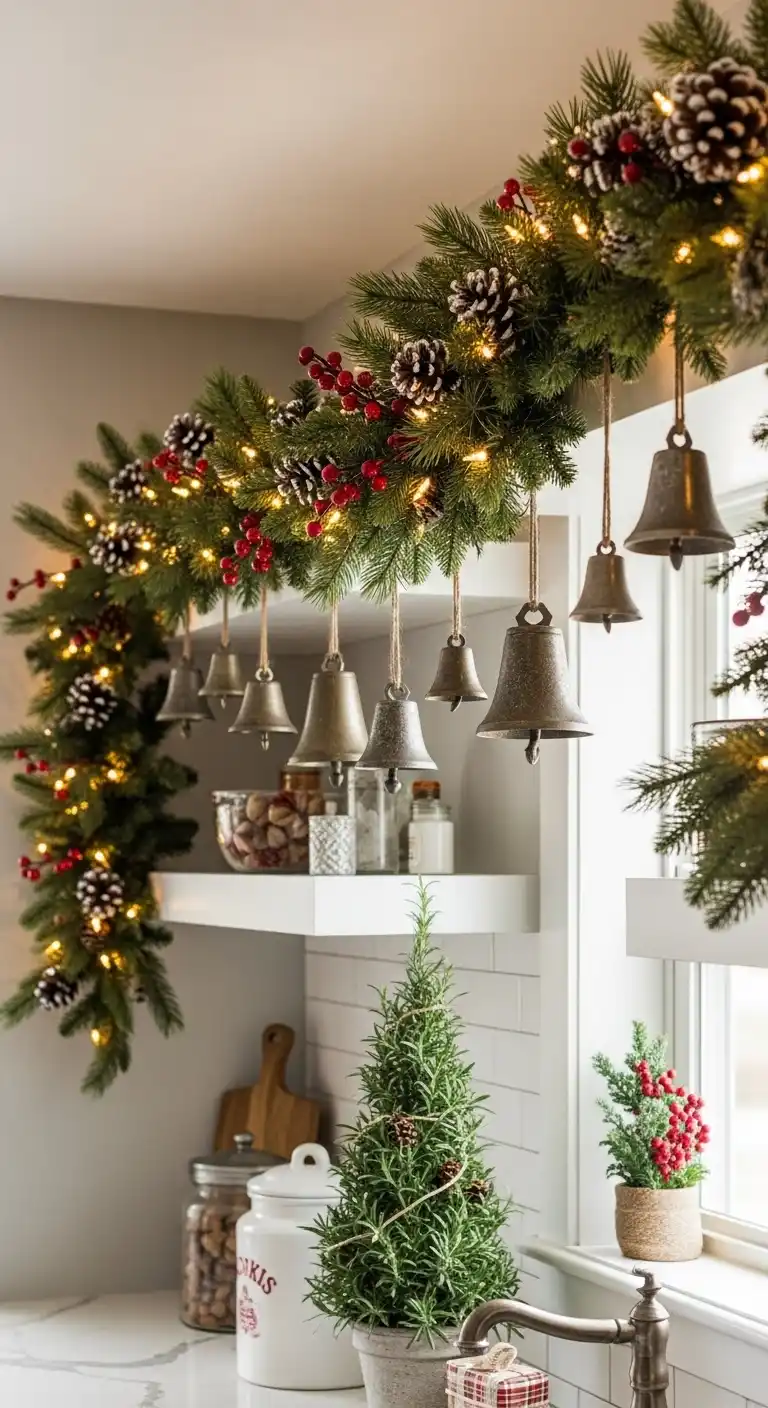 11. Draped Garland with Bells Along Floating Shelves