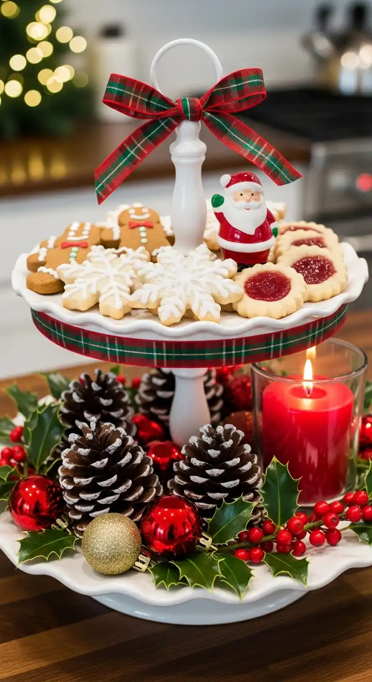 11. Festive Cake Stand with Holiday Cookies and Décor