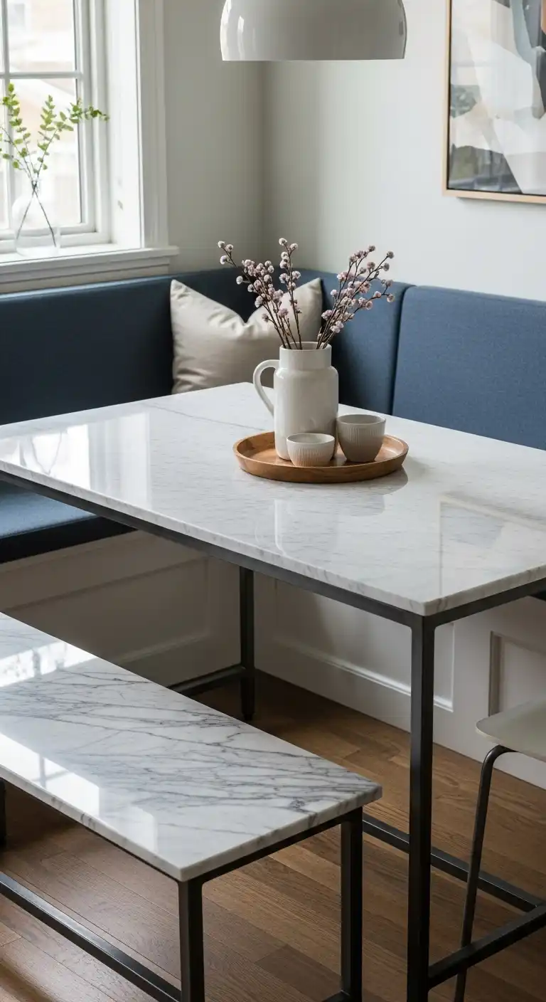 11. Marble-Top Nook Table with Sleek Seating