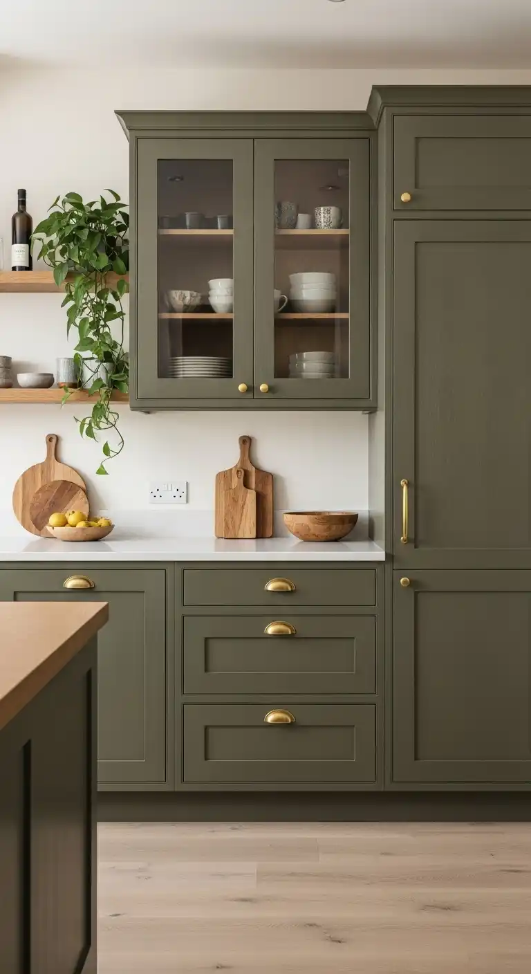 11. Matte Olive Cabinets with Brass Handles