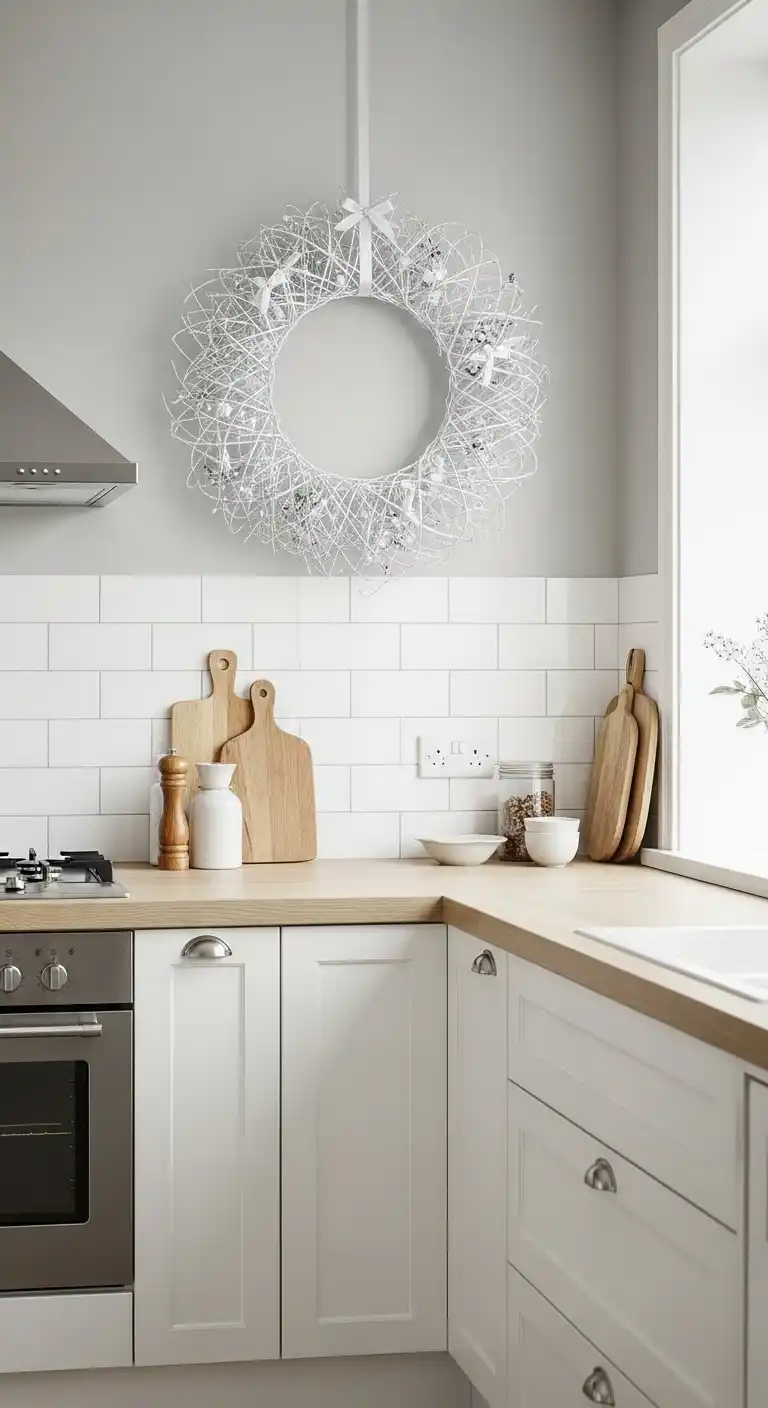 11. Minimalist White Wreath for Neutral Kitchens