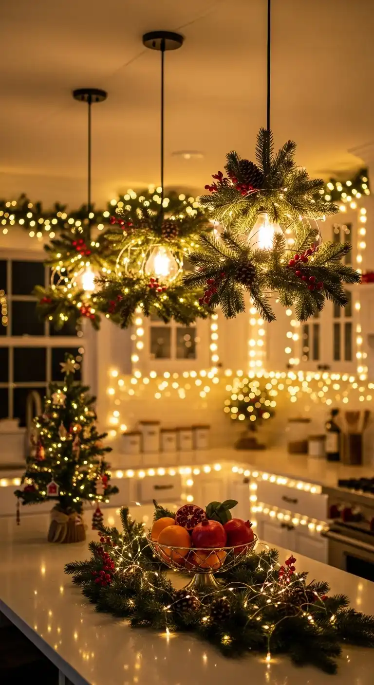 11. Pendant Lights Wrapped with Garland and Fairy Lights