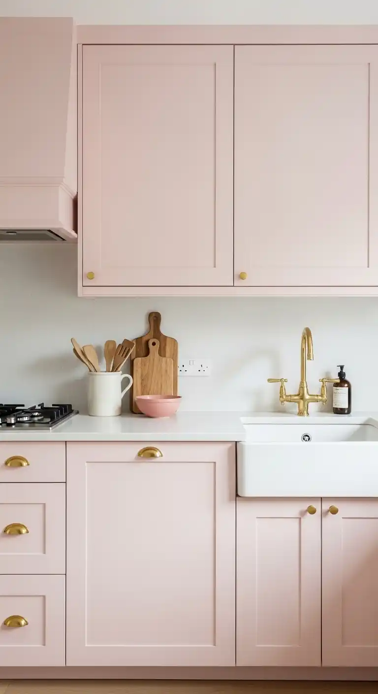 12) Pastel pink cabinets with minimalist brass knobs