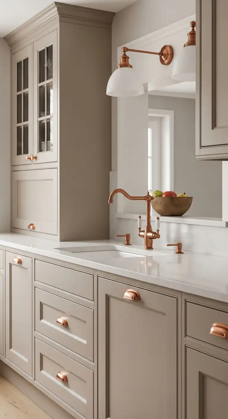 12. Beige Cabinets with Copper Fixtures