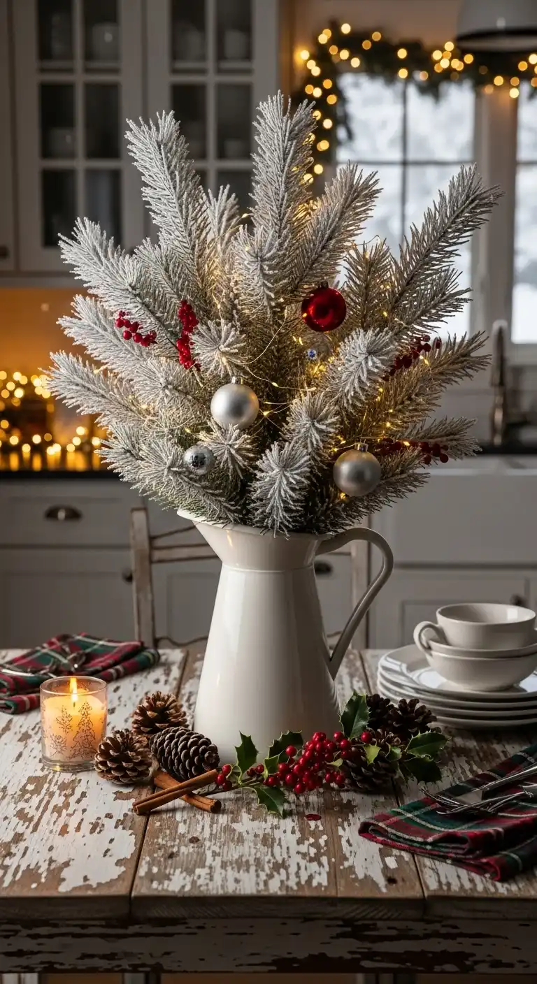 12. Frosted Pine Branches in a Farmhouse Pitcher