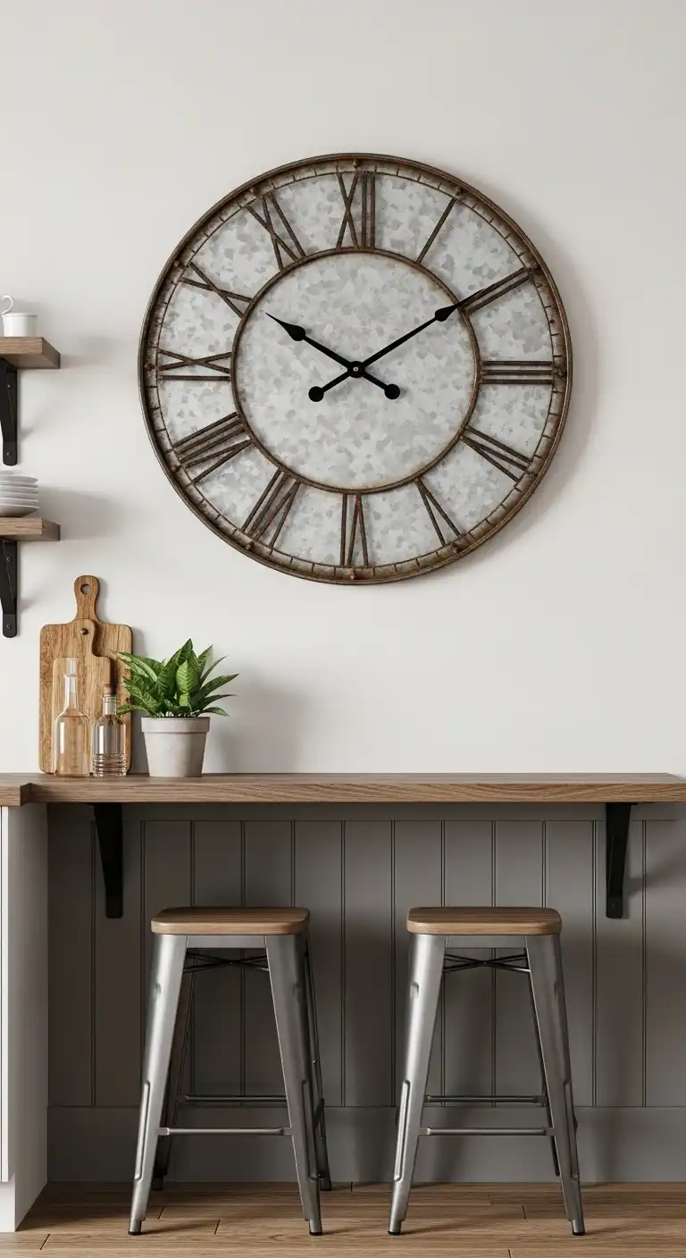 12. Galvanized Metal Wall Clock with Rustic Patina
