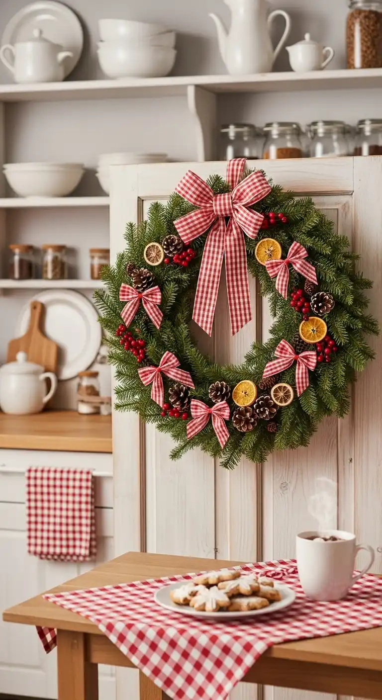 12. Gingham Bow Wreaths for Cottage-Style Kitchens